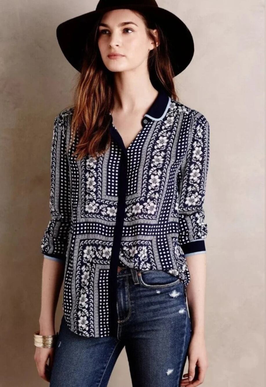 Anthropologie Maeve Art House Navy Blue Peter Pan Collar Blouse Size 2